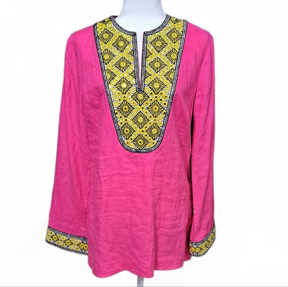 Tory Burch~ Pink Linen Boho Top W/ Embroidered Mirrored Detail